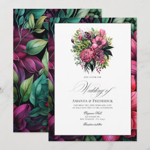 Invitation Mariage floral Fuchsia, vert émeraude et noir