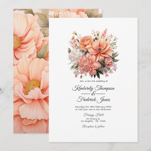 Invitation Mariage Floral Fuzz pêche (Devant / Derrière)