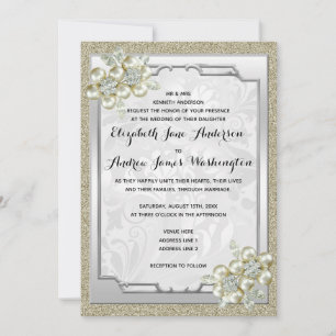 Invitation Mariage floral Gem Argent encadré, Or et Argent