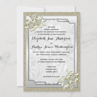 Invitation Mariage floral Gem Argent encadré, Or et Argent
