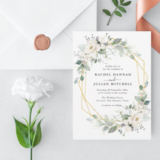 Invitation Mariage floral géométrique blanc et or
