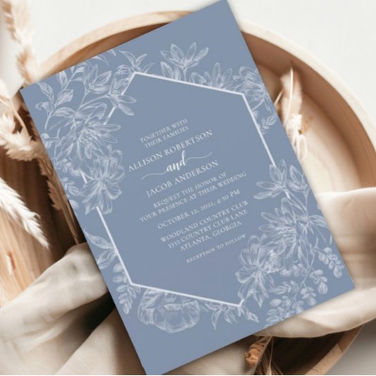Invitation Mariage Floral Géométrique Bleu Duché Tout en un