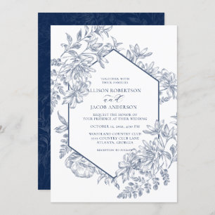 Invitation Mariage floral géométrique bleu et blanc