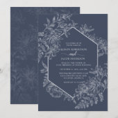 Invitation Mariage floral géométrique bleu et blanc élégant (Devant / Derrière)