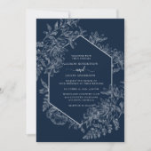 Invitation Mariage floral géométrique bleu et blanc élégant (Devant)