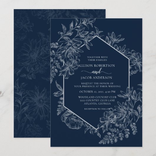 Invitation Mariage floral géométrique bleu et blanc élégant (Devant / Derrière)