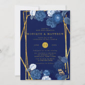 Invitation Mariage floral géométrique bleu et or (Devant)