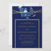 Invitation Mariage floral géométrique bleu et or (Devant)
