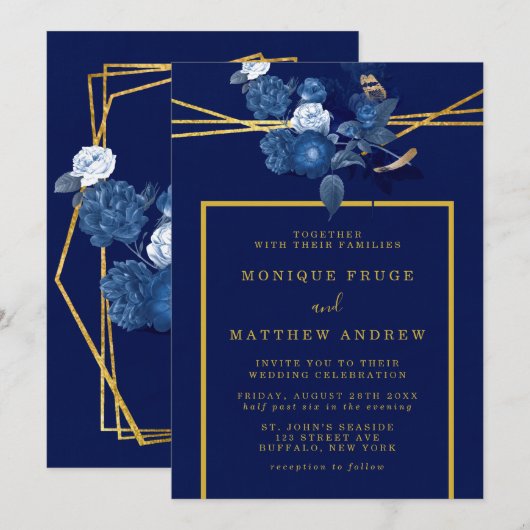 Invitation Mariage floral géométrique bleu et or (Devant / Derrière)