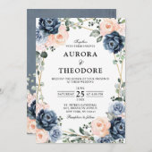 Invitation Mariage floral géométrique bleu foncé (Devant / Derrière)