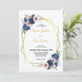 Invitation Mariage floral géométrique bleu foncé rose (Debout devant)