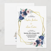 Invitation Mariage floral géométrique bleu foncé rose (Devant / Derrière)