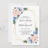 Invitation Mariage floral géométrique bleu foncé rose (Devant)