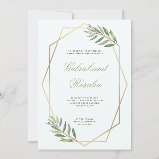 Invitation Mariage floral géométrique bordée blanc et or (Devant)