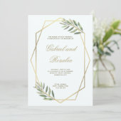 Invitation Mariage floral géométrique bordée blanc et or (Debout devant)