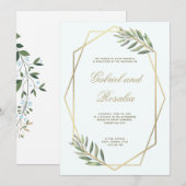 Invitation Mariage floral géométrique bordée blanc et or (Devant / Derrière)