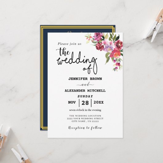 Invitation Mariage Floral Géométrique Code QR Rustique Tout E (Devant/Arrière en situation)