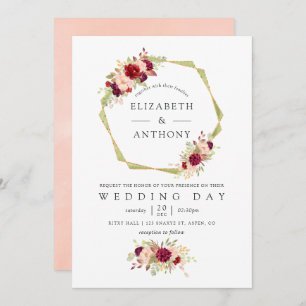 Invitation Mariage floral géométrique de Bourgogne et rose pâ