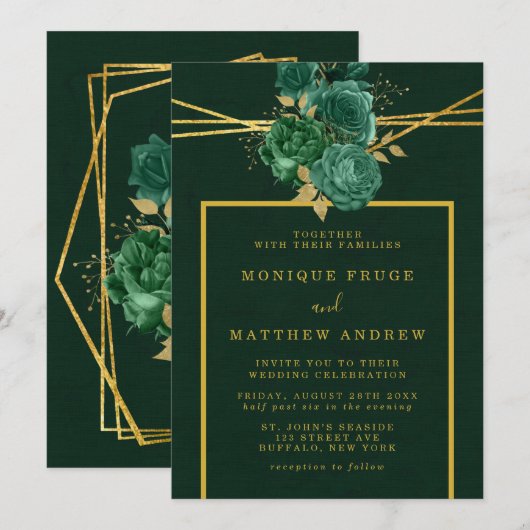 Invitation Mariage floral géométrique Emerald Green et Gold (Devant / Derrière)