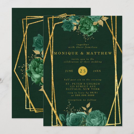 Invitation Mariage floral géométrique Emerald Green et Gold (Devant / Derrière)