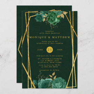 Invitation Mariage floral géométrique Emerald Green et Gold