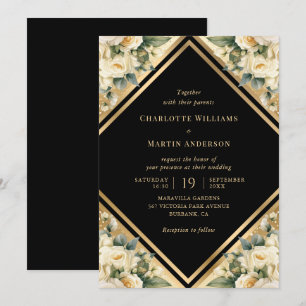 Invitation Mariage floral géométrique en or noir ivoire