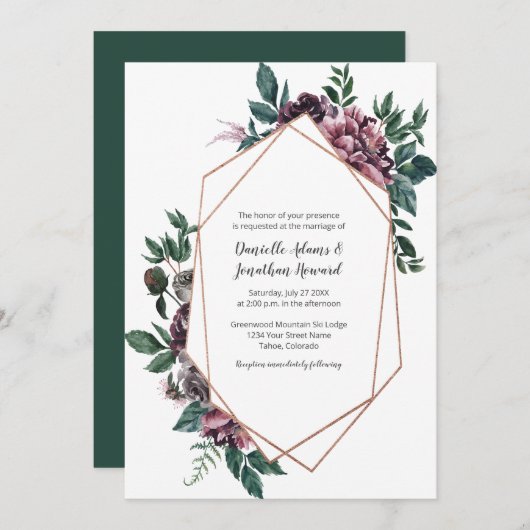 Invitation Mariage floral géométrique gris bordeaux (Devant / Derrière)