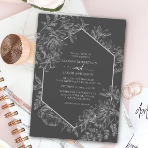 Invitation Mariage floral géométrique gris et blanc élégant