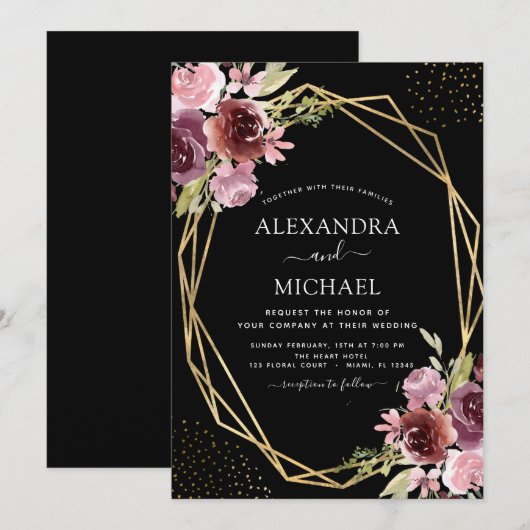 Invitation Mariage floral géométrique moderne rose Bourgogne (Devant / Derrière)