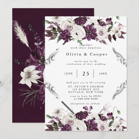 Invitation Mariage floral géométrique Plum et Argent (Devant / Derrière)