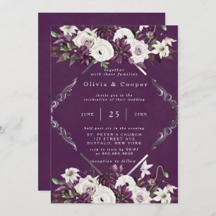 Invitation Mariage floral géométrique Plum et Argent