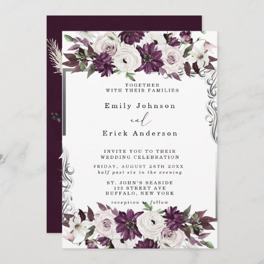 Invitation Mariage floral géométrique Plum et Argent (Devant / Derrière)