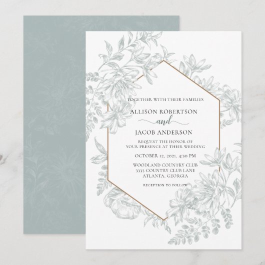 Invitation Mariage floral géométrique vert blanc et doux (Devant / Derrière)