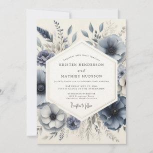 Invitation Mariage Floral givré Bleu Ardoise