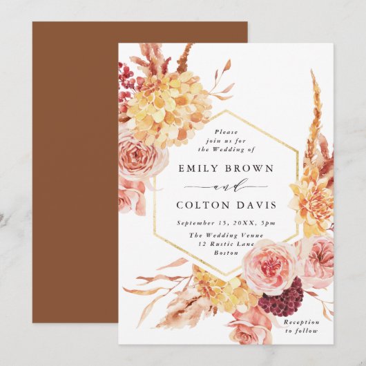Invitation Mariage Floral Gold Terracotta de Bourgogne (Devant / Derrière)