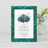 Invitation Mariage Floral Gothique de Teal, Noir et Or (Debout devant)