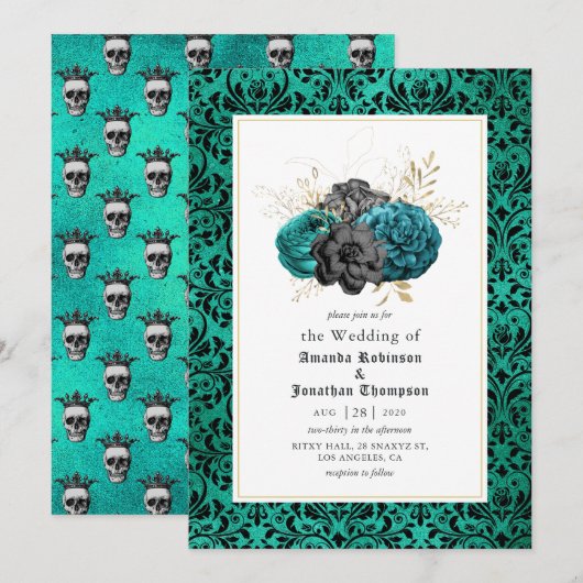 Invitation Mariage Floral Gothique de Teal, Noir et Or (Devant / Derrière)