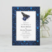 Invitation Mariage floral gothique noir et bleu (Debout devant)