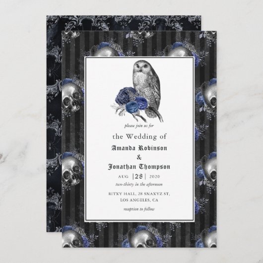 Invitation Mariage floral gothique noir et bleu (Devant / Derrière)