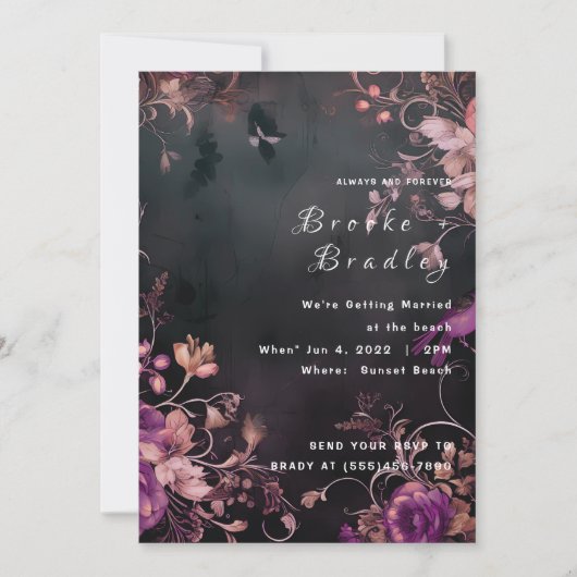 Invitation Mariage Floral Gothique Noir & Fuchsia (Devant)