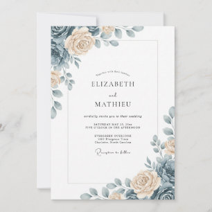 Invitation Mariage Floral Gracieux Bleu Dépoussiéré