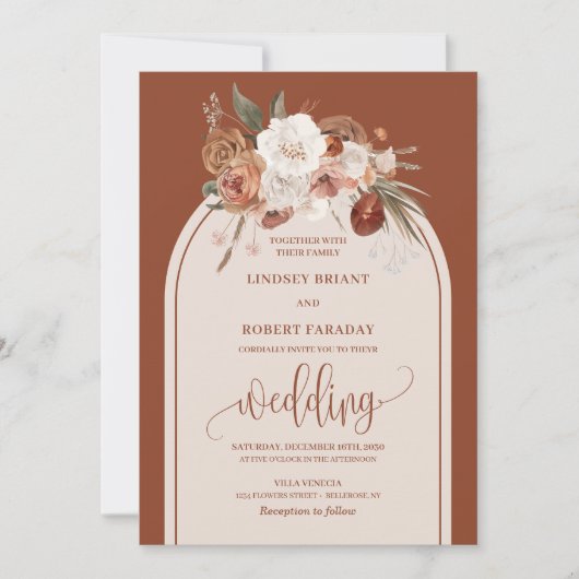 Invitation Mariage Floral Grass Orange Brûlé Moderne (Devant)