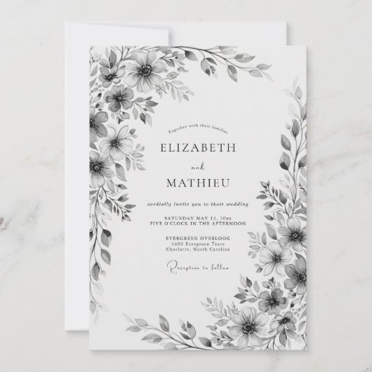 Invitation Mariage Floral Gris (Devant)