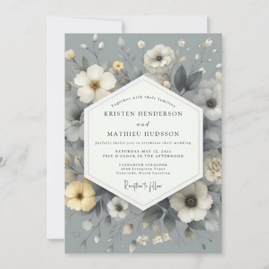 Invitation Mariage Floral Gris Ardoise (Devant)