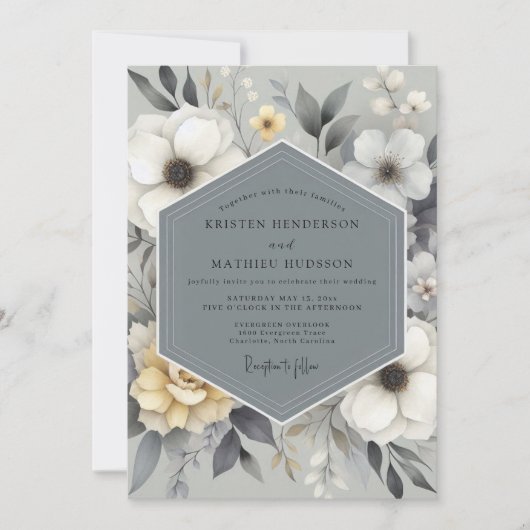 Invitation Mariage Floral Gris Ardoise (Devant)