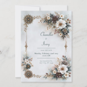 Invitation Mariage Floral Gris Bleu
