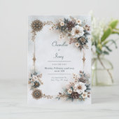 Invitation Mariage Floral Gris Bleu (Debout devant)