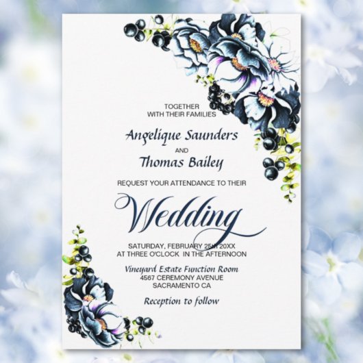 Invitation Mariage floral gris bleu