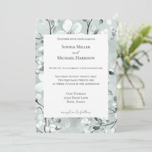 Invitation Mariage floral gris bleu blanc chic (Debout devant)