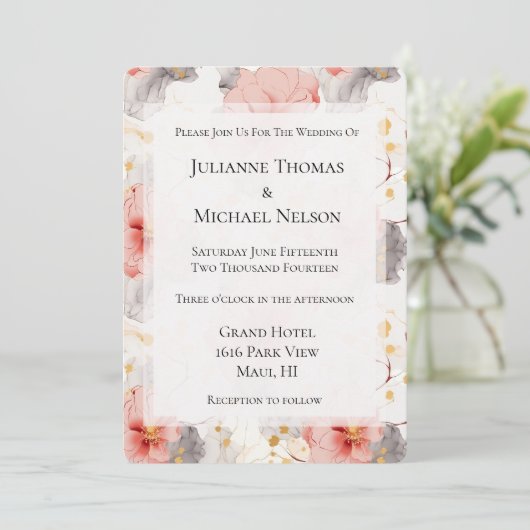 Invitation Mariage floral gris de corail (Debout devant)